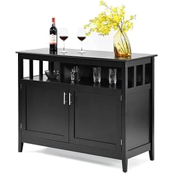 Black Wood 2-Door Dining Buffet Sideboard Cabinet with Open Storage Shelf - Free Shipping