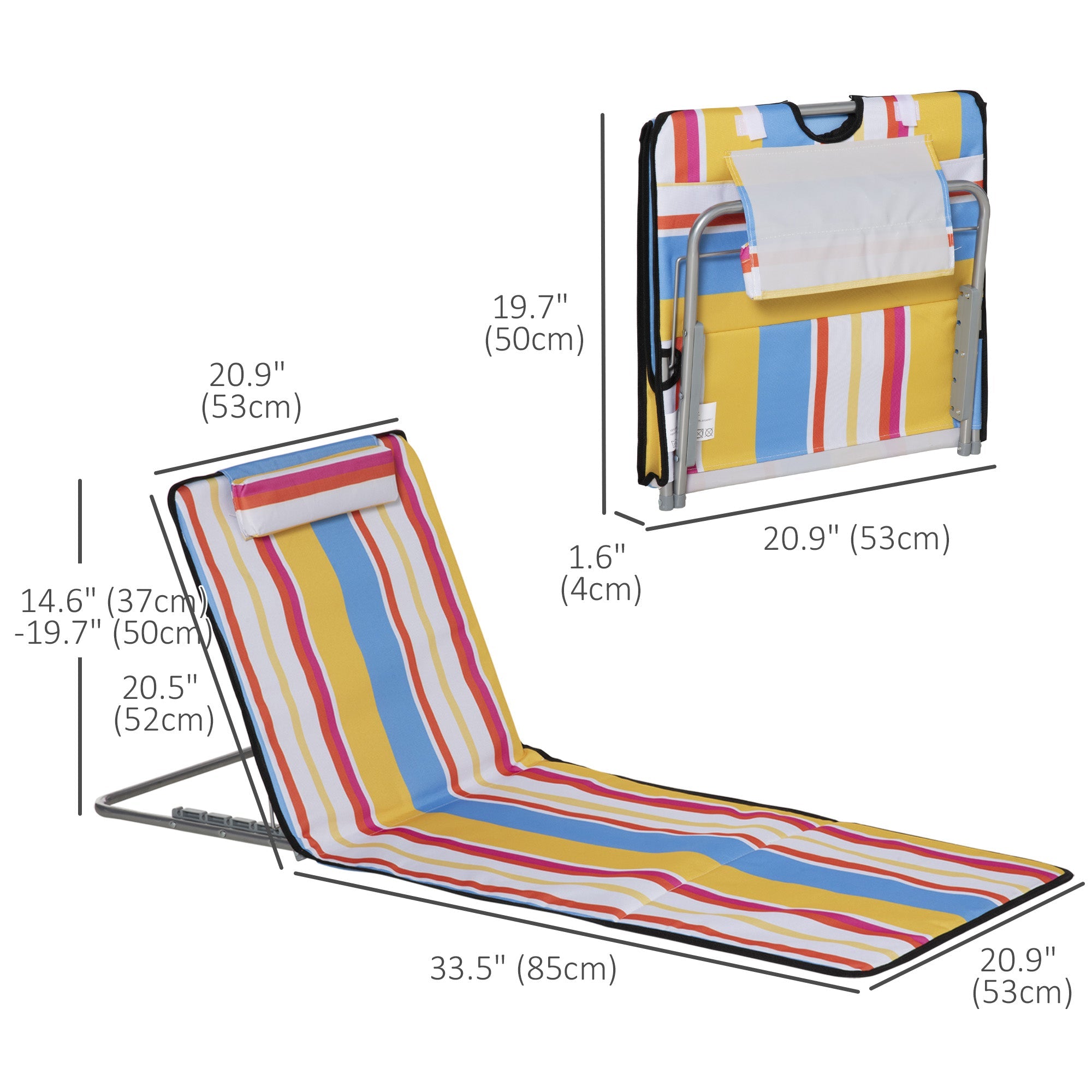 Outsunny Set of 2 Beach Lounge Chair Sun Lounger Beach Mat, Padded Folding Ground Mat Lounge Chair w/Adjustable Back, Steel Frame