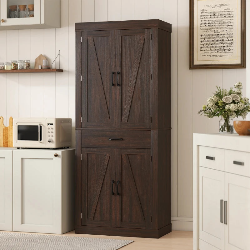 72" Kitchen Pantry Cabinet, Farmhouse Kitchen Storage Cabinet with 4 Barn Doors, 6 Door Shelves, Drawer, Brown