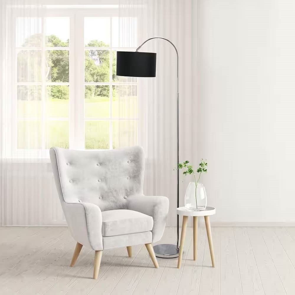 Mid-Century Modern Floor Lamp in Brushed Nickel Finish with Black Drum Shade - Free Shipping