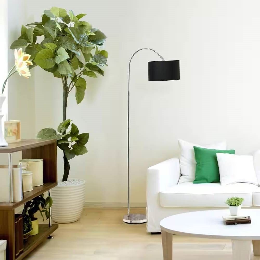 Mid-Century Modern Floor Lamp in Brushed Nickel Finish with Black Drum Shade - Free Shipping