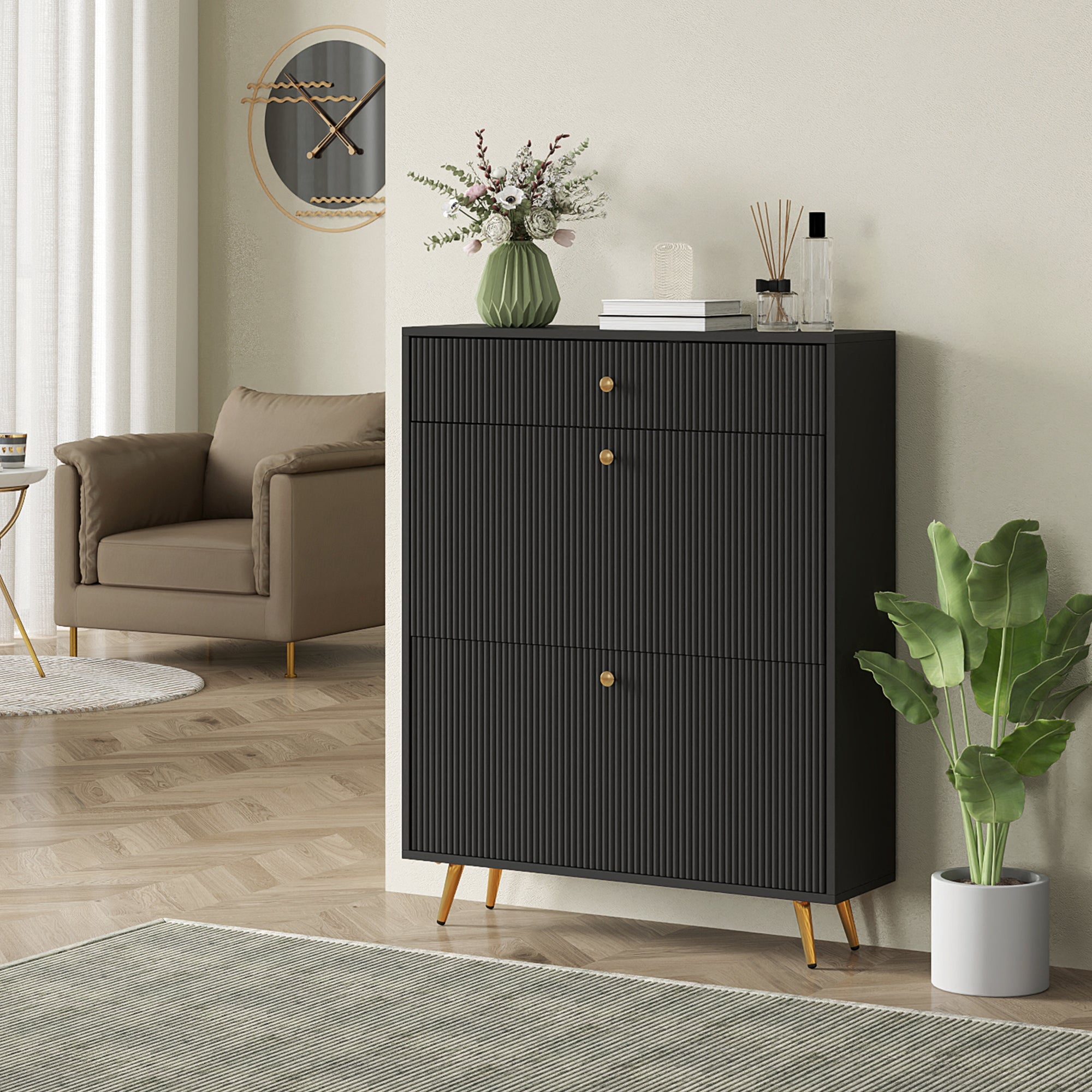 HOMCOM Narrow Shoe Storage Cabinet with Wave-like Panels and Adjustable Shelves for 12 Pairs of Shoes, Black