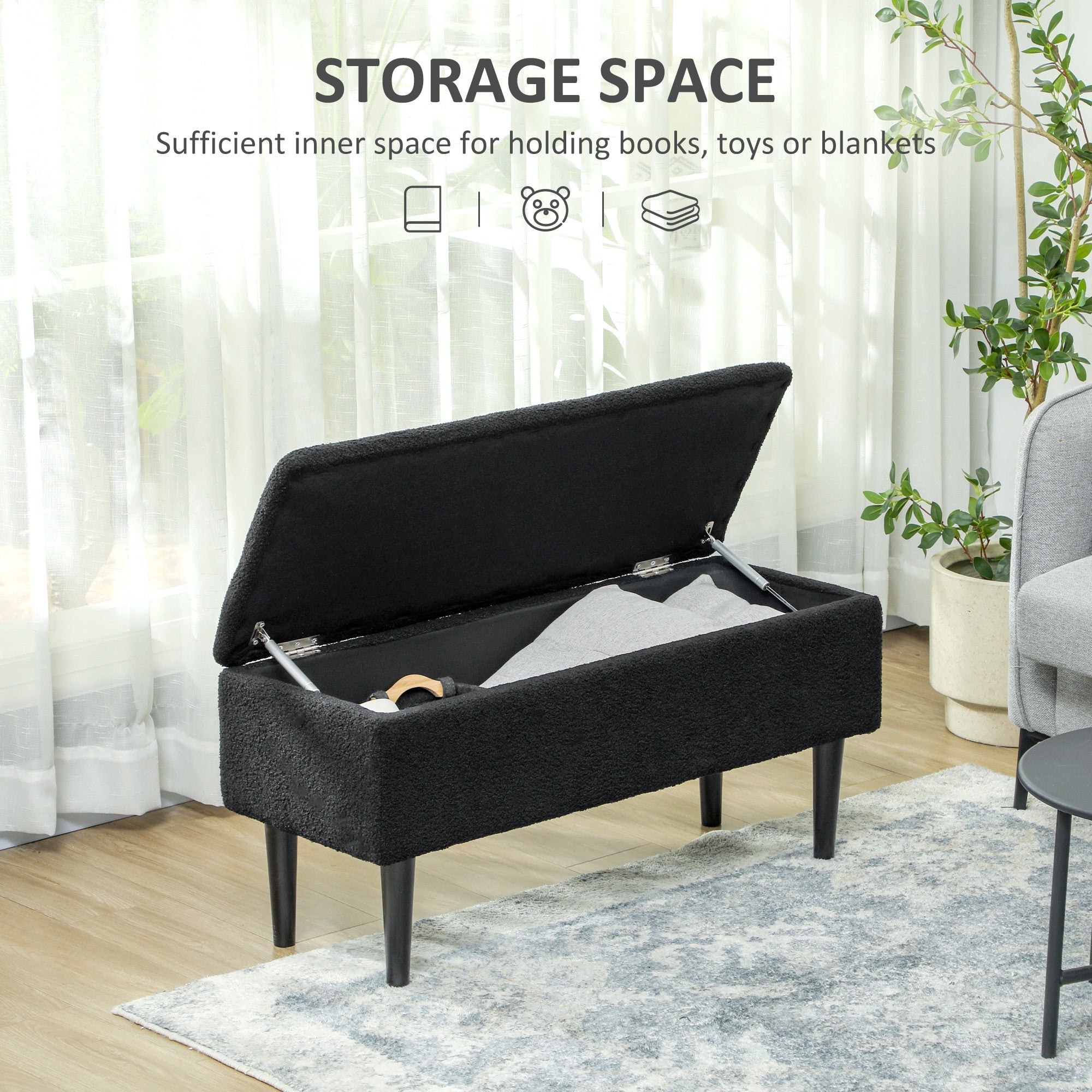 HOMCOM Modern Storage Bench, Ottoman with Storage and Lamb's Wool Upholstery for Living Room, Bedroom, Black