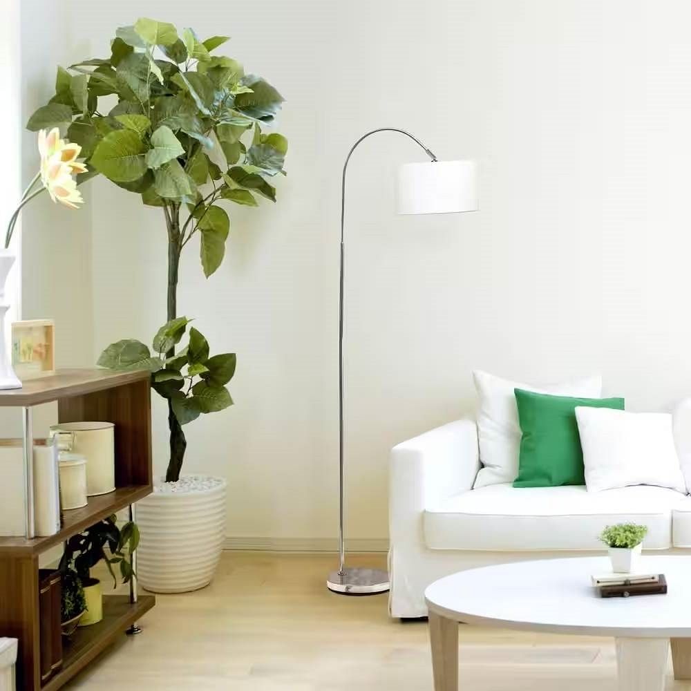 Modern Mid-Century Floor Lamp in Brushed Nickel Finish with White Drum Shade - Free Shipping