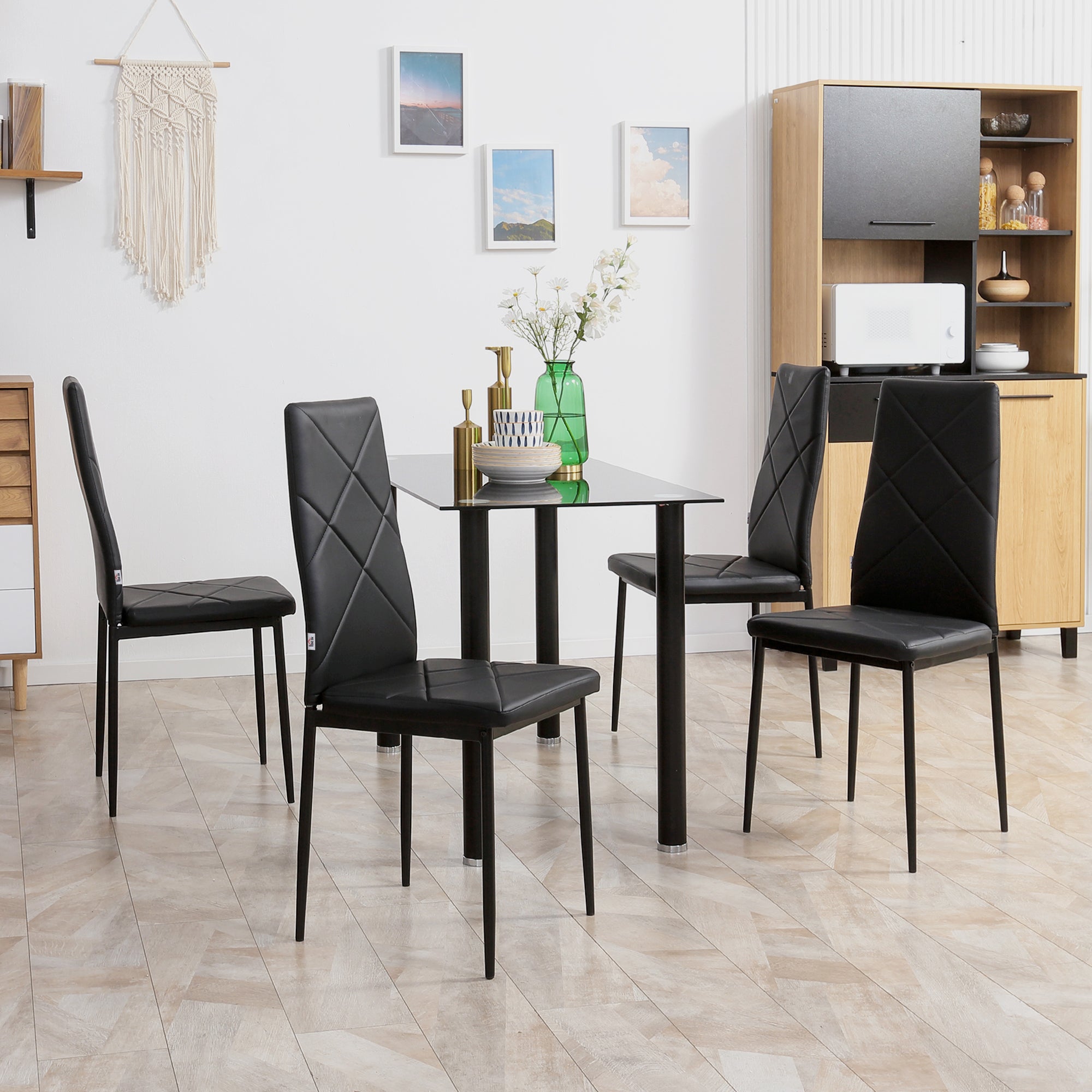 HOMCOM 4-Piece Dining Chair Set Modern High Back Faux Leather Upholstery Steel Legs Black Accent Furniture for Living Room