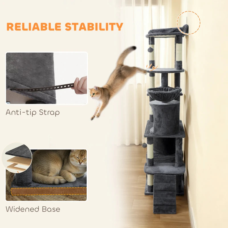 67" Large Cat Tree with 7 Scratching Posts, Tunnel, 2 Condos, Hammock, Perch, Ramp, Pompoms, Dark Grey