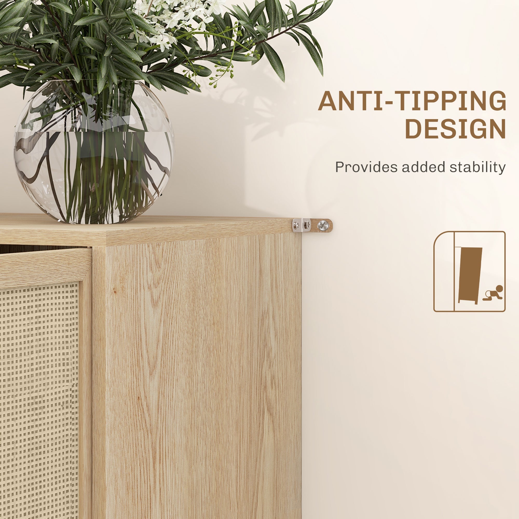 HOMCOM Kitchen Sideboard Cabinet, Boho Storage Cabinet with Shelves, Wood Legs, Decorative Rattan Doors, Natural