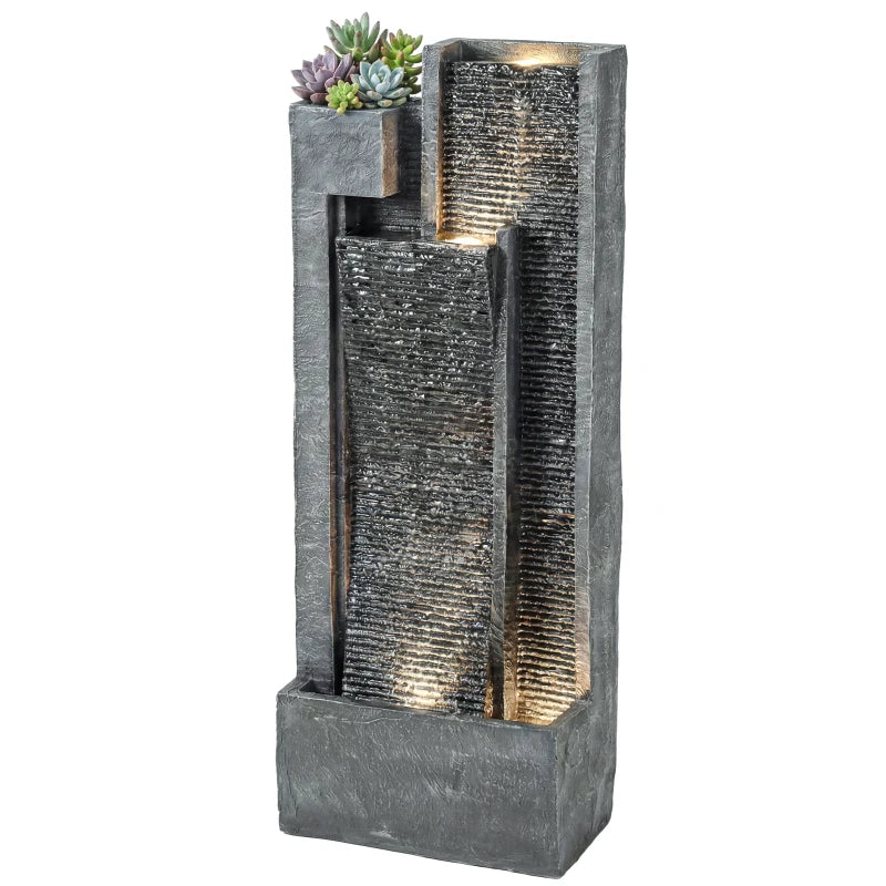 Outdoor Water Fountain with LED Lights and Planter, 3-Tier Modern Cascading Waterfall Feature with Pump, Dark Grey