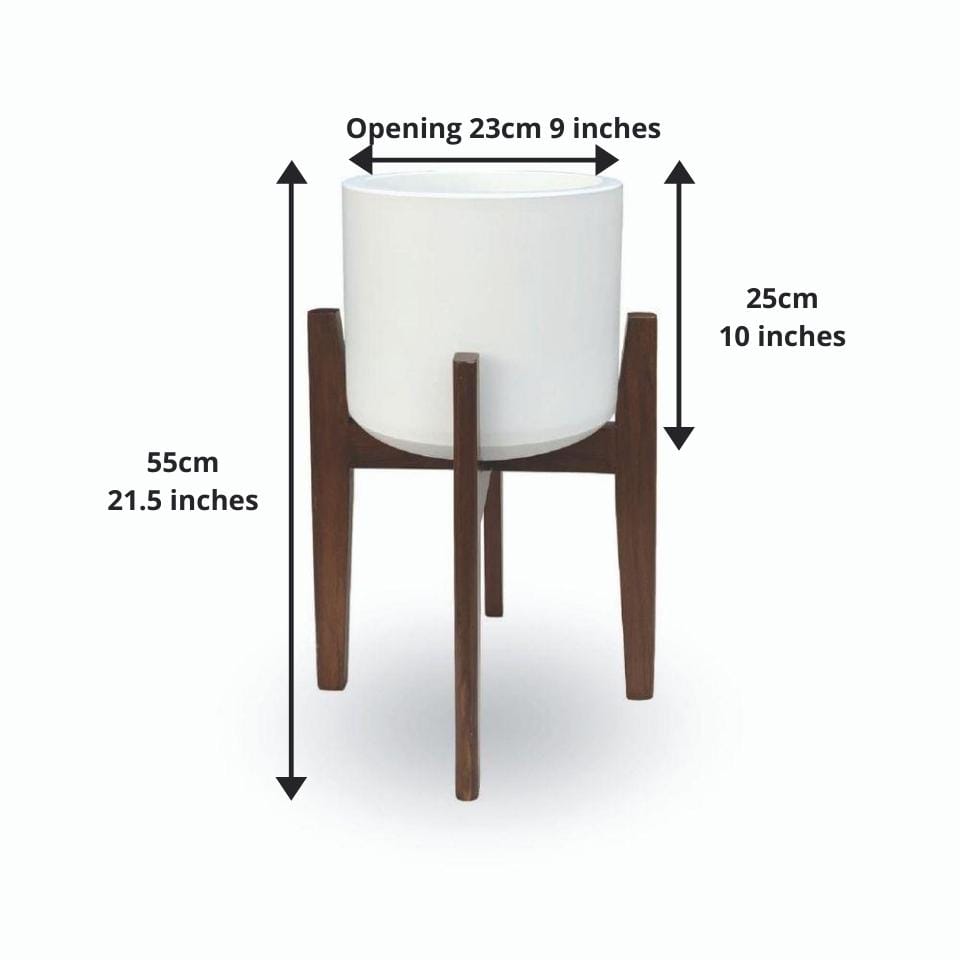 Boni White Mid - Century Cement Planter With Wooden Stand