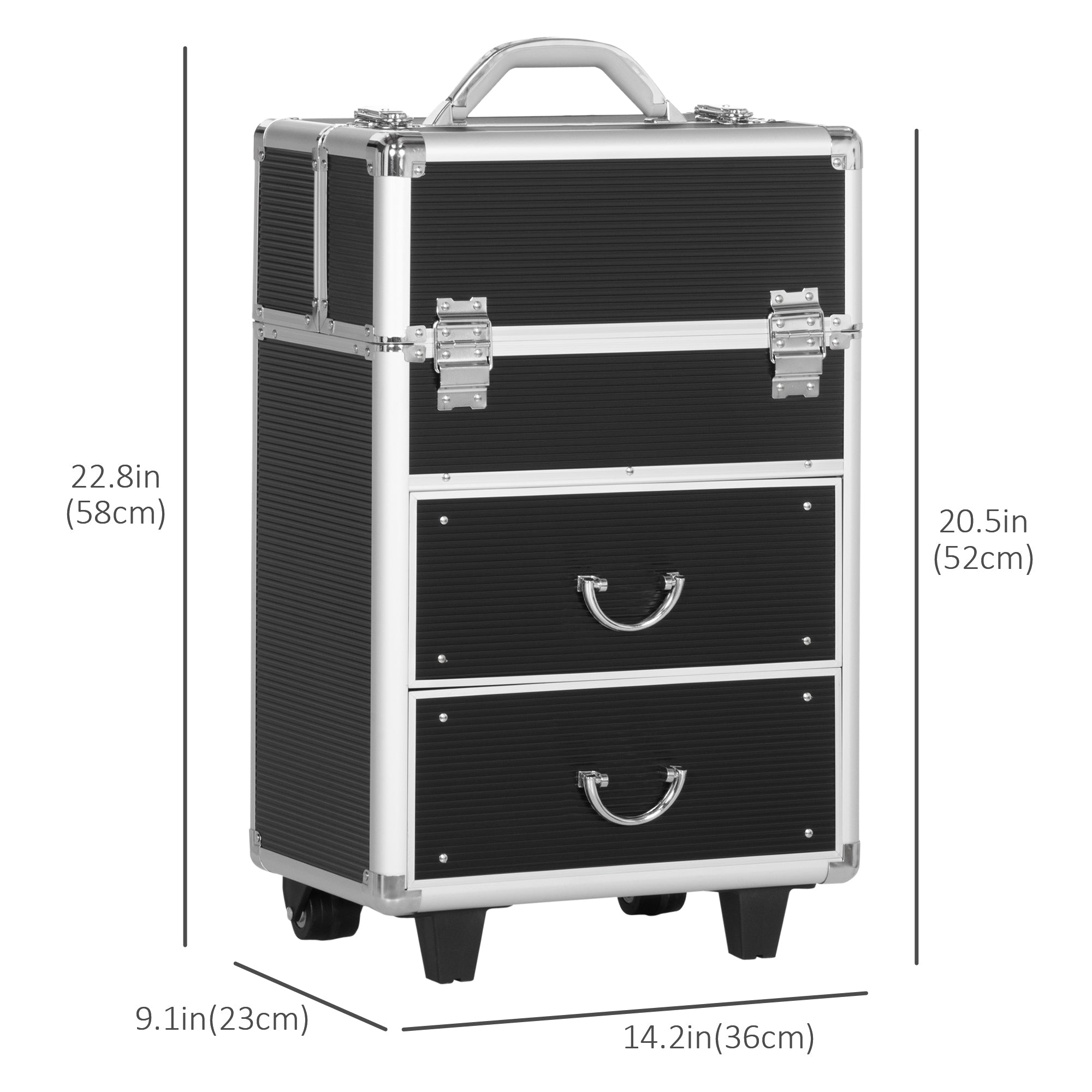 HOMCOM Large Cosmetic Trolley Rolling Makeup Train Case Storage Lockable Cart Black with Folding Trays Swivel Wheels
