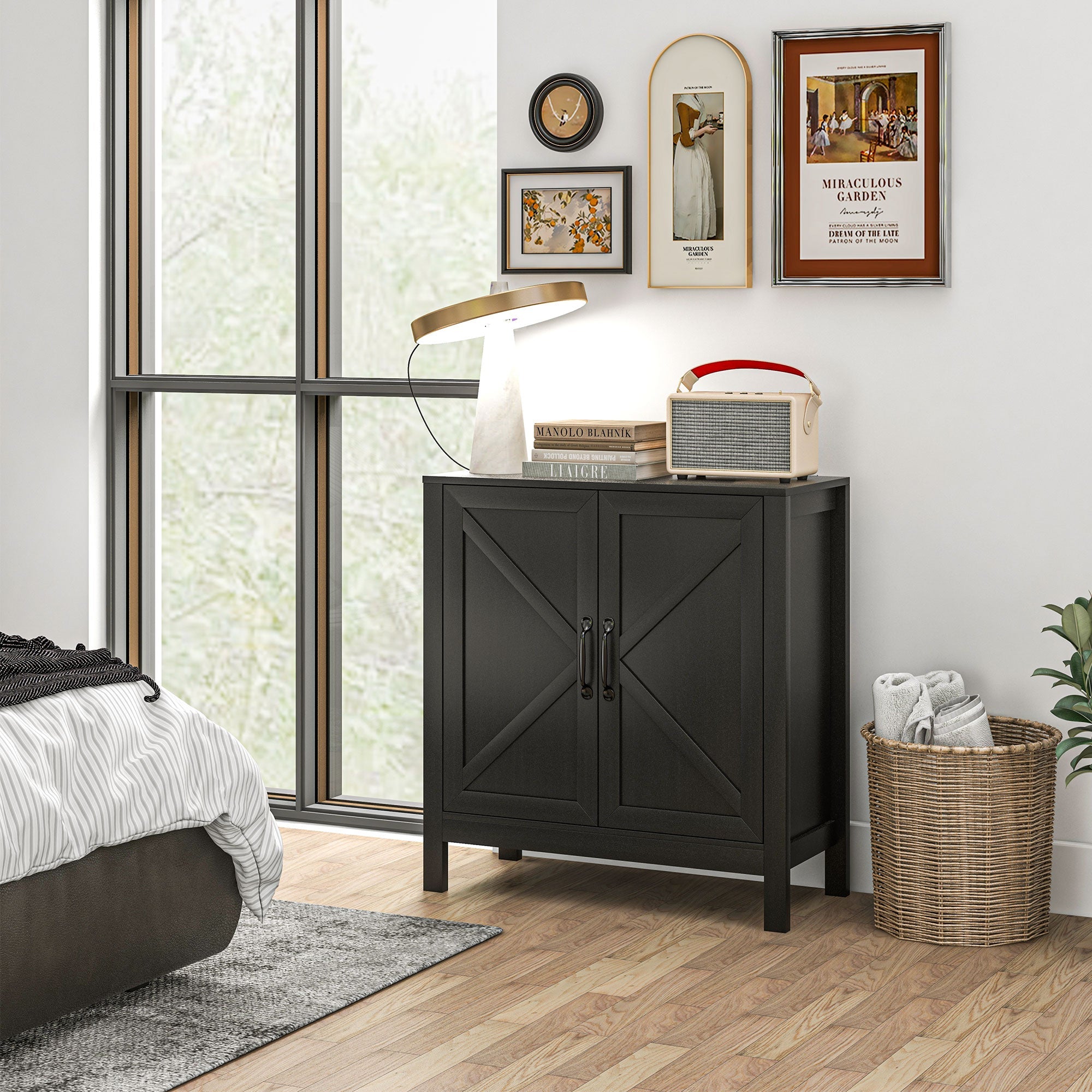 HOMCOM Sideboard Buffet Kitchen Pantry Cabinet Barn Door Adjustable Shelves Storage Pantry Black Oak