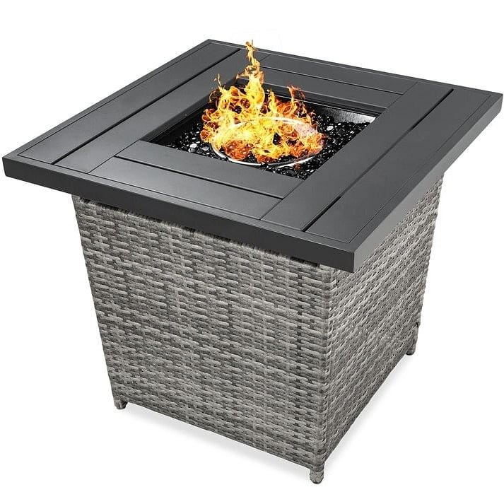 50,000 BTU Grey Wicker LP Gas Propane Fire Pit w/ Faux Wood Tabletop and Cover - Free Shipping