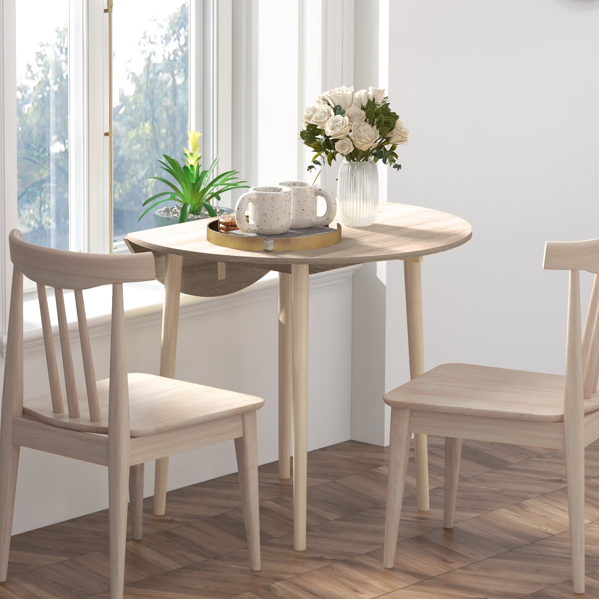 HOMCOM Folding Dining Table, Round Drop Leaf Kitchen Table for Small Spaces with Wood Legs, Oak