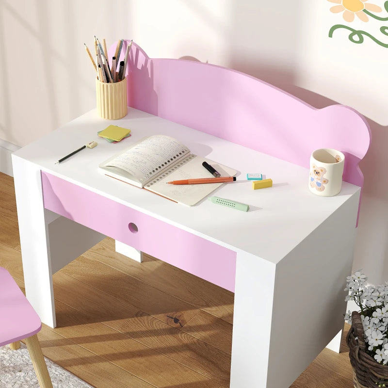Qaba Kids Desk and Chair Set with Drawer for Drawing, Reading, Bear Theme Children Furniture for Bedroom, Daycare, Pink
