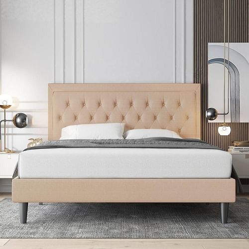 Queen size Beige Linen Platform Bed Frame with Button Tufted Headboard - Free Shipping