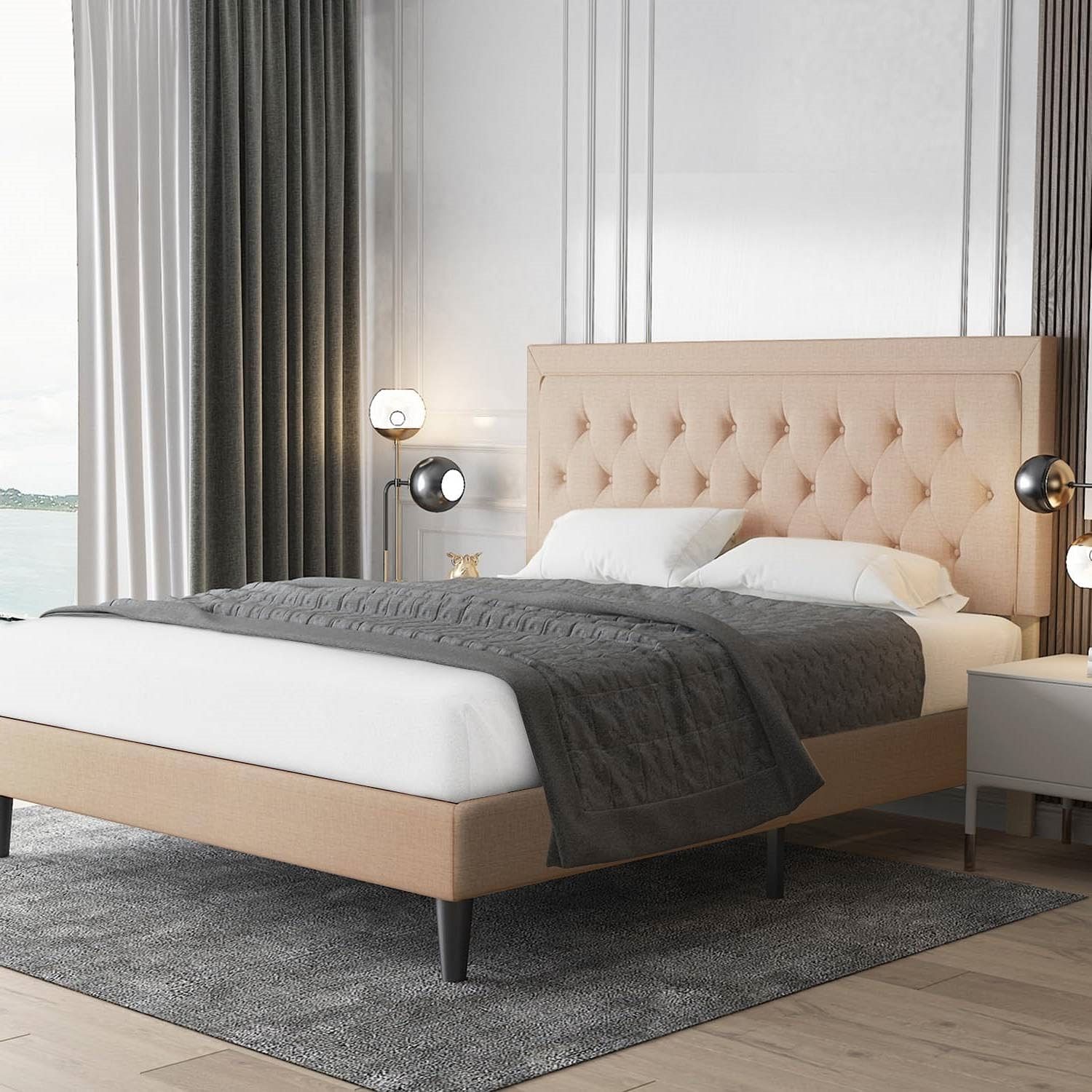 Queen size Beige Linen Platform Bed Frame with Button Tufted Headboard - Free Shipping