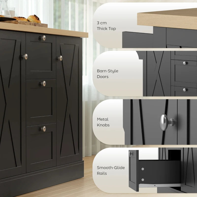 Farmhouse Kitchen Island Cart with Power Outlet and Soft-Close Doors, 49" Kitchen Island with 3 Drawers, Black