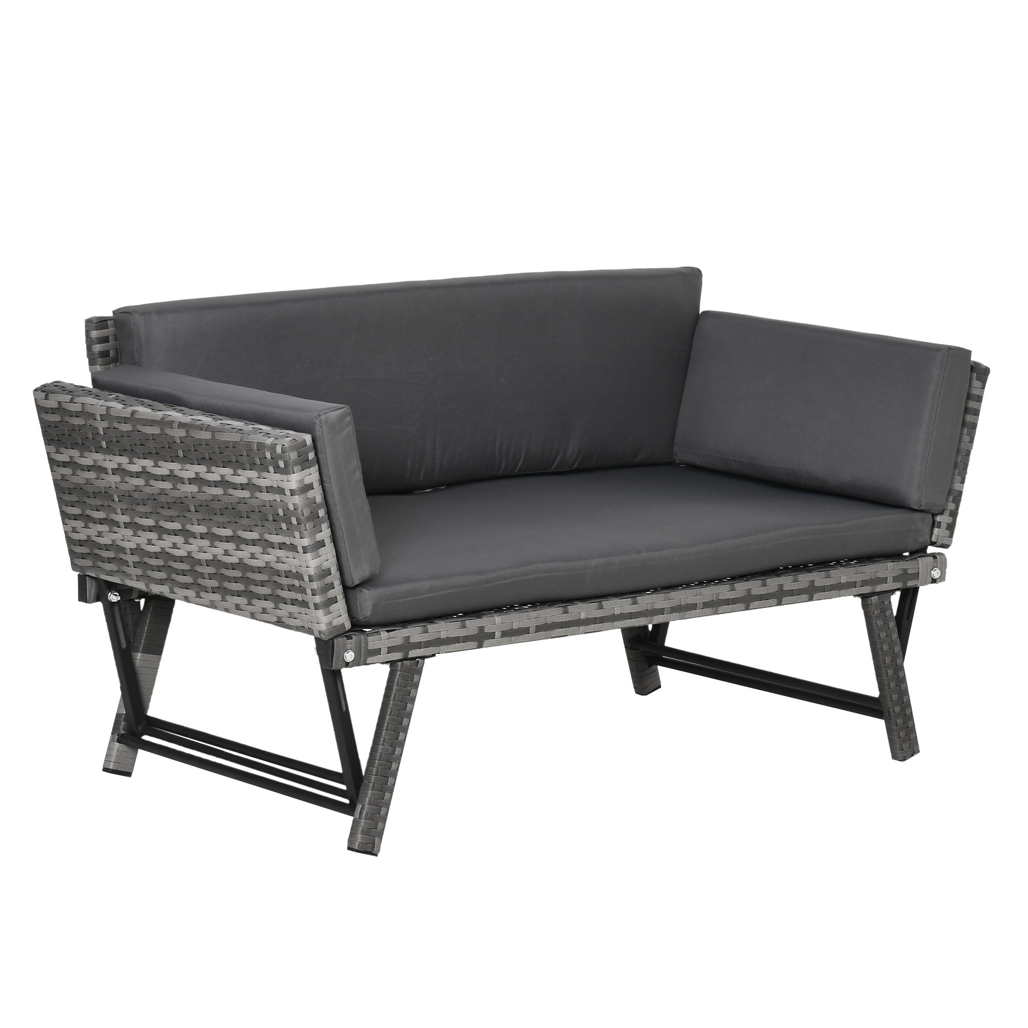 Outsunny Convertible Rattan Sofa Bed Chaise Lounge Wicker Loveseat Armchair Double Seat with Cushion All Weather Patio Furniture Grey
