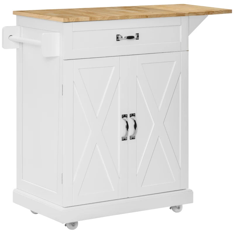 Foldable Kitchen Island with Storage Drawer, Farmhouse Style Rolling Utility Cart, Coffee Bar Cabinet on Wheels with Drop-Leaf Wood Top, White