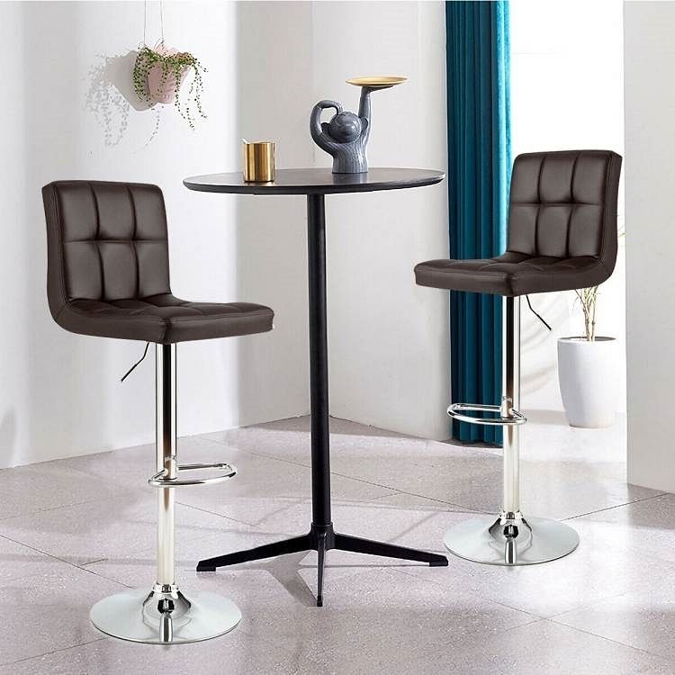 Set of 2 Modern Adjustable Height Barstools with Brown PU Leather Swivel Seat - Free Shipping
