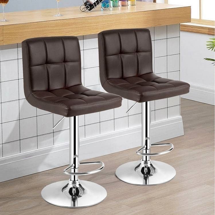 Set of 2 Modern Adjustable Height Barstools with Brown PU Leather Swivel Seat - Free Shipping