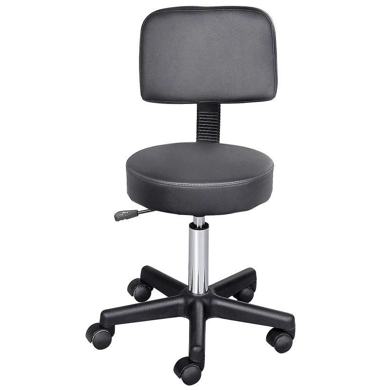 PU Leather Adjustable Rolling Stool, Round Swivel Drafting Stool with Back, Wheels, Black