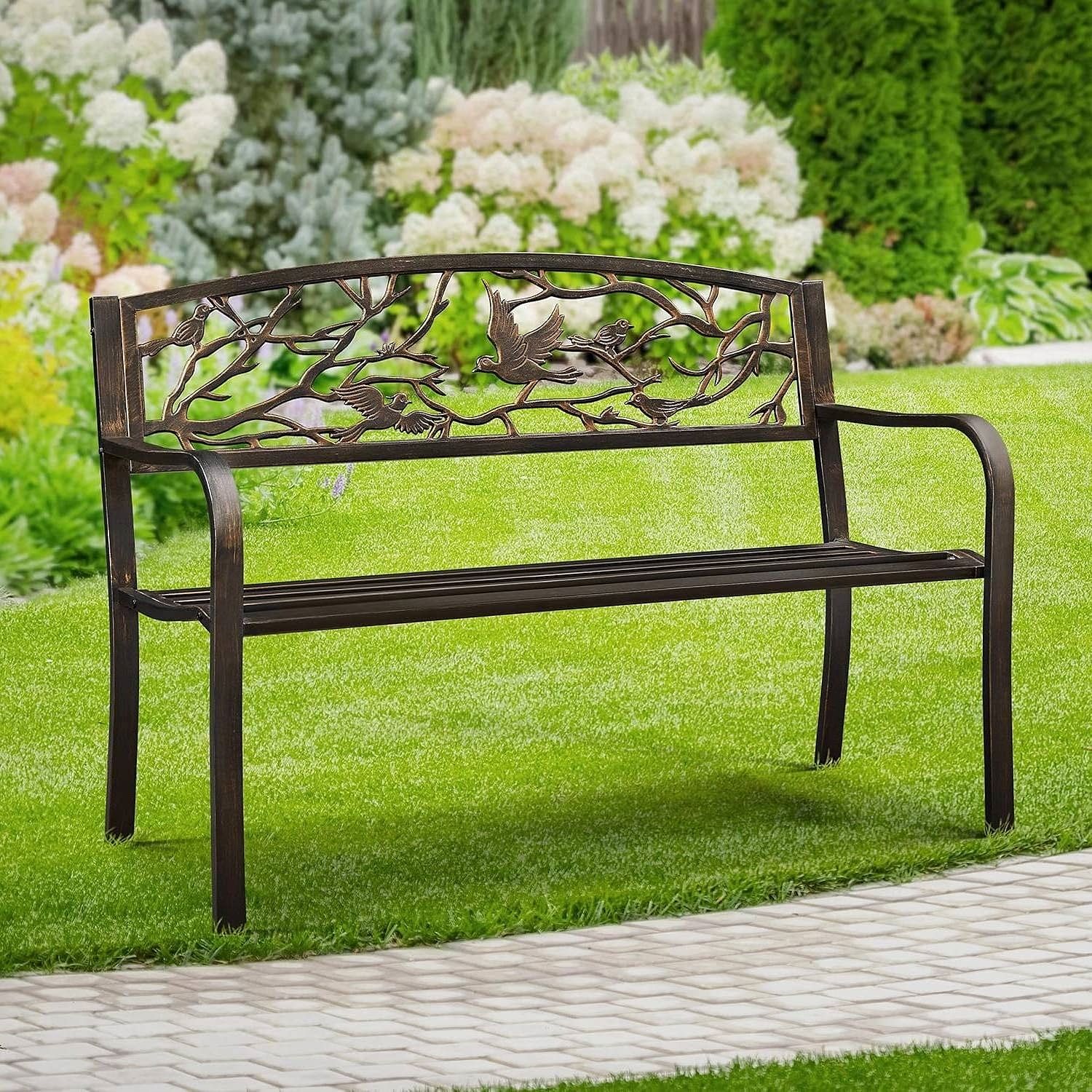 Outdoor Cast Iron Garden Bench in Bronze Metal Finish with Bird Pattern Backrest - Free Shipping