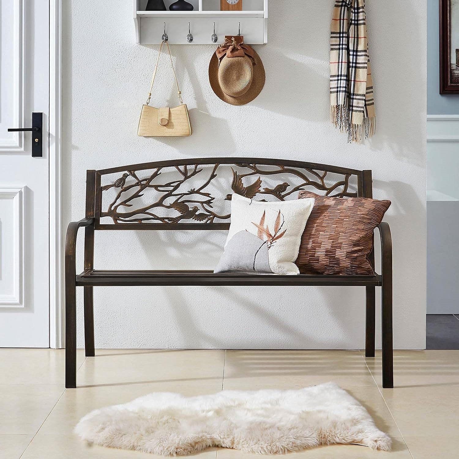 Outdoor Cast Iron Garden Bench in Bronze Metal Finish with Bird Pattern Backrest - Free Shipping