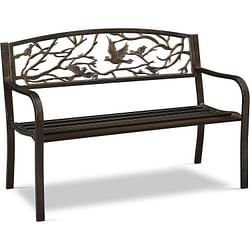 Outdoor Cast Iron Garden Bench in Bronze Metal Finish with Bird Pattern Backrest - Free Shipping