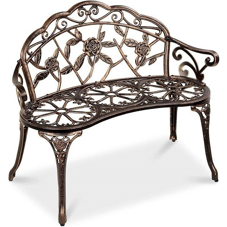 Outdoor Patio Garden Bench with Backrest in Antique Bronze Metal Finish - Free Shipping