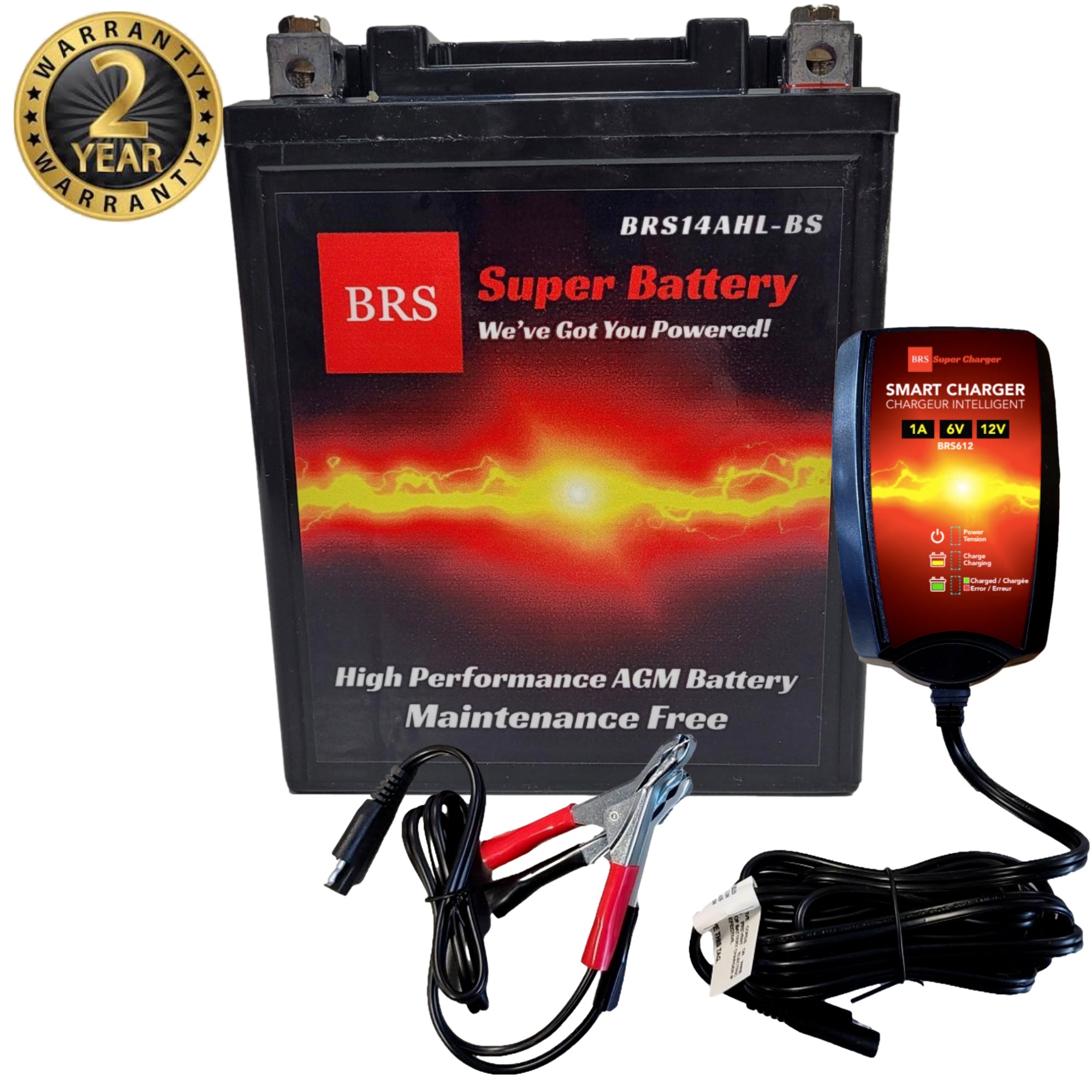 High Performance BRS14AHL-BS 2 Year Warranty & Smart Charger / Maintainer Combo Bundle Kit 12v Sealed AGM PowerSports Battery