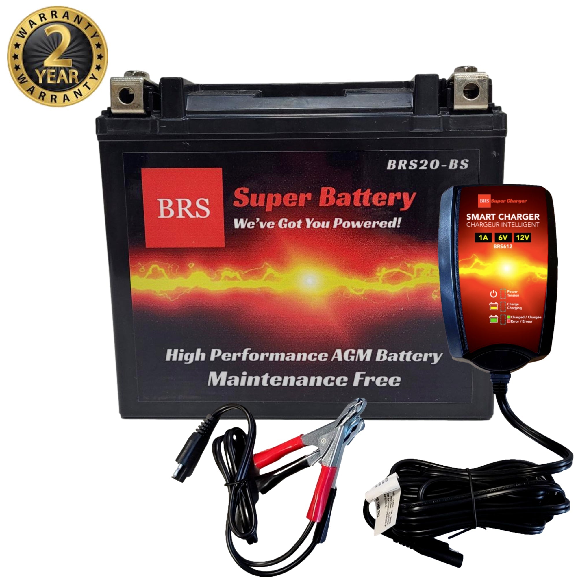 High Performance BRS20-BS 2 Year Warranty & Smart Charger / Maintainer Combo Bundle Kit 12v Sealed AGM PowerSports Battery