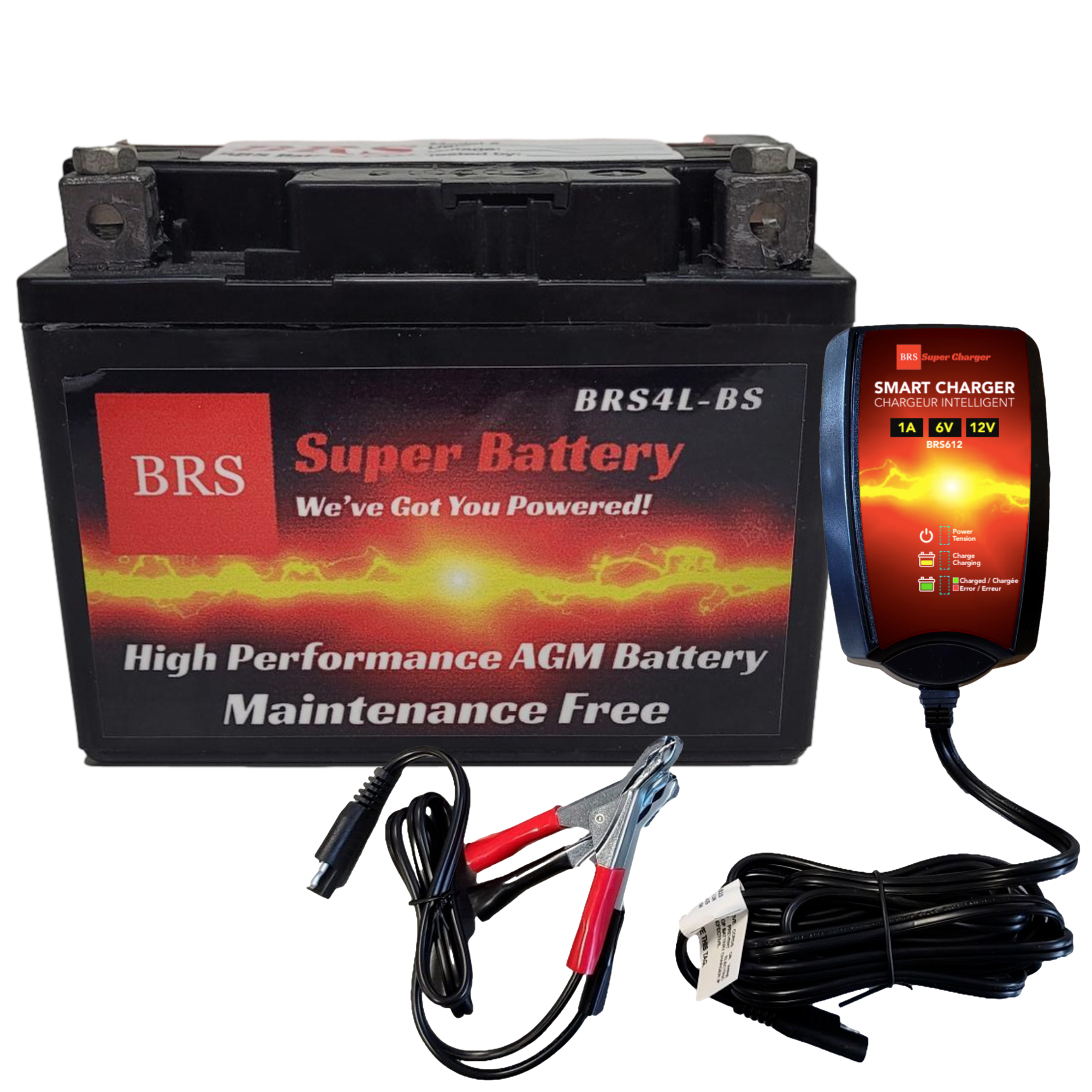 High Performance BRS4L-BS 2 Year Warranty & Smart Charger / Maintainer Combo Bundle Kit 12v Sealed AGM PowerSports Battery
