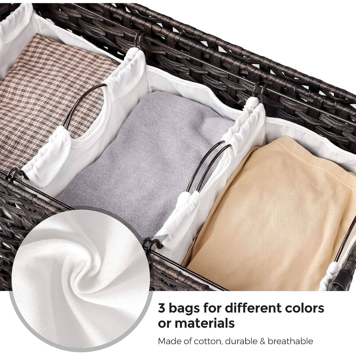 Brown PP Rattan 3-Basket Laundry Hamper Sorter Cart with Removable Cotton Bags - Free Shipping