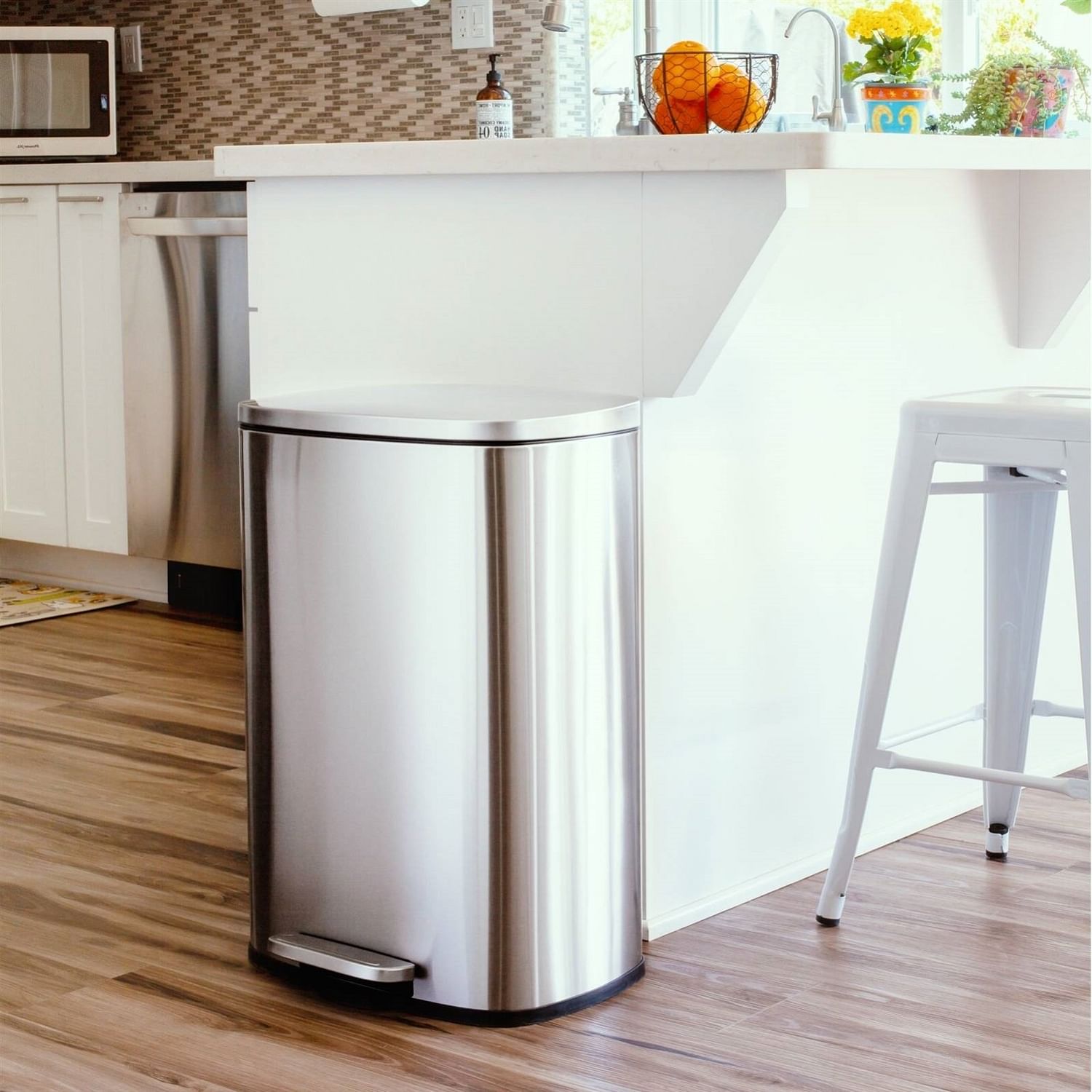 13 Gallon Brushed Stainless Steel Kitchen Trash Can with Step Open Lid - Free Shipping