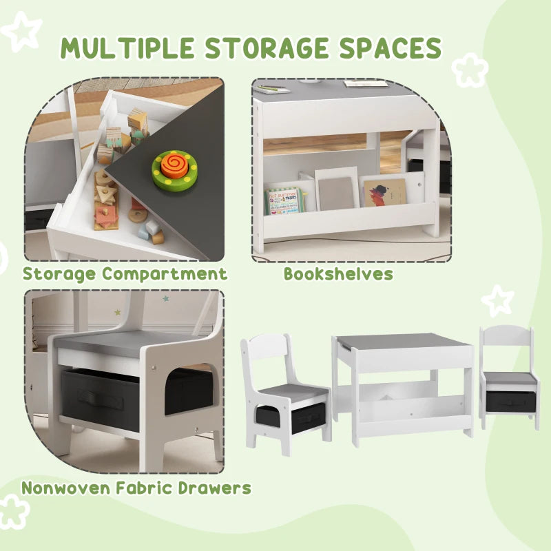Qaba 3 Piece Kids Table and Chair Set with Reversible Tabletop, Blackboard, Storage, Bookshelf, for Playroom, Nursery, Grey