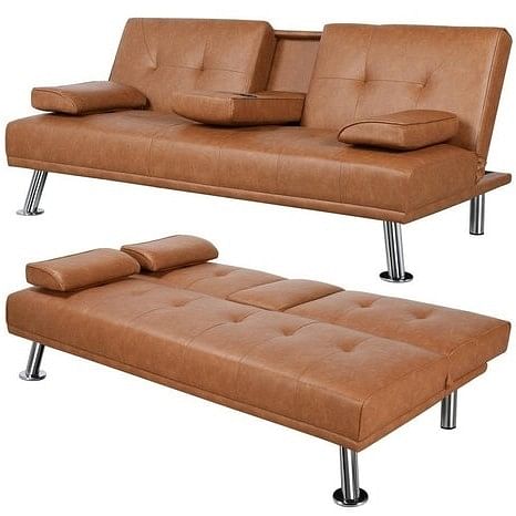 Brown Modern Faux Leather Cup Holders Convertible Sofa Bed Futon Sleeper - Free Shipping