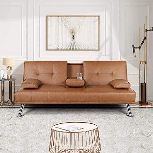 Brown Modern Faux Leather Cup Holders Convertible Sofa Bed Futon Sleeper - Free Shipping