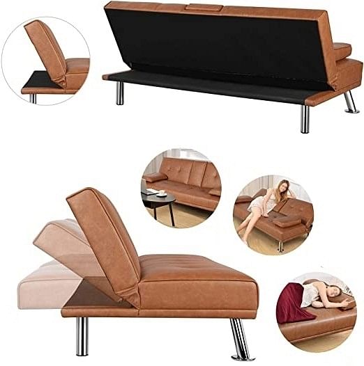 Brown Modern Faux Leather Cup Holders Convertible Sofa Bed Futon Sleeper - Free Shipping