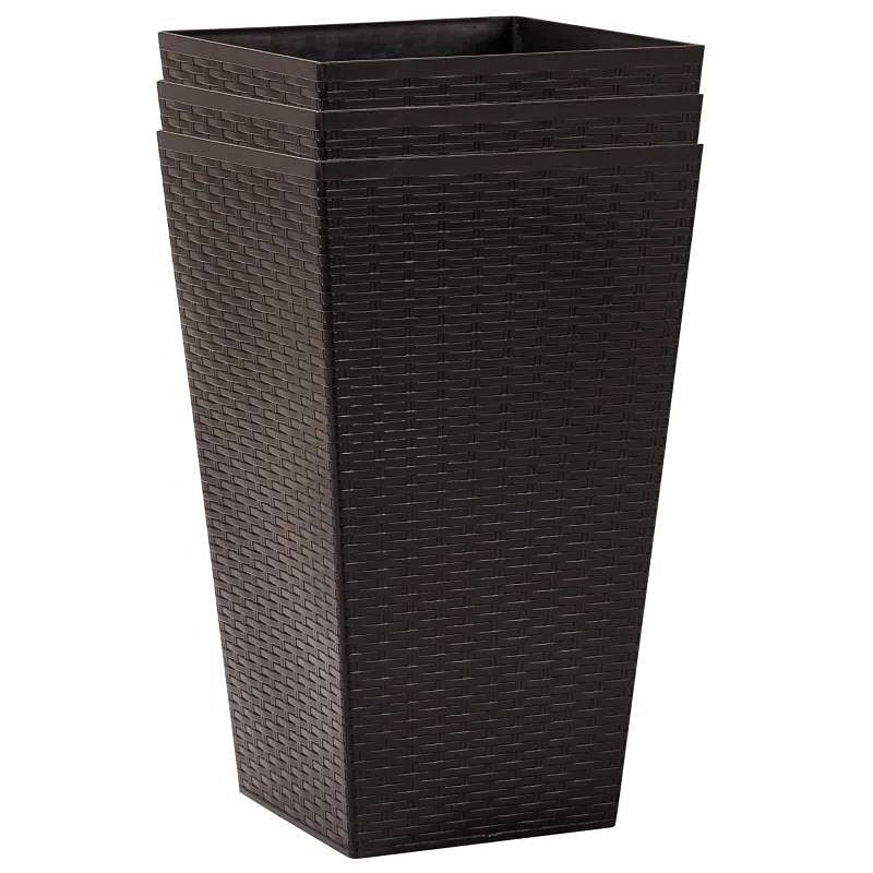 Set of 3 - Brown Faux Rattan Plastic Tall Large Flower Pots - Free Shipping