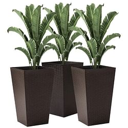 Set of 3 - Brown Faux Rattan Plastic Tall Large Flower Pots - Free Shipping