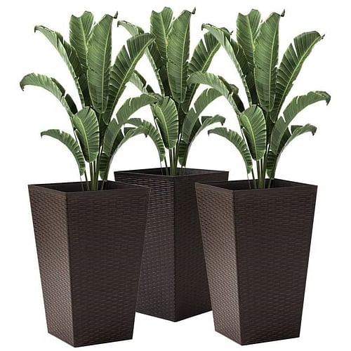 Set of 3 - Brown Faux Rattan Plastic Tall Large Flower Pots - Free Shipping