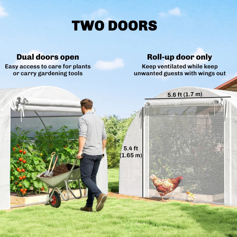 Walk-in Tunnel Greenhouse with 2 Support Rods, Mesh Door, Plant Hot House with PE Cover, 20'x10'x7', White