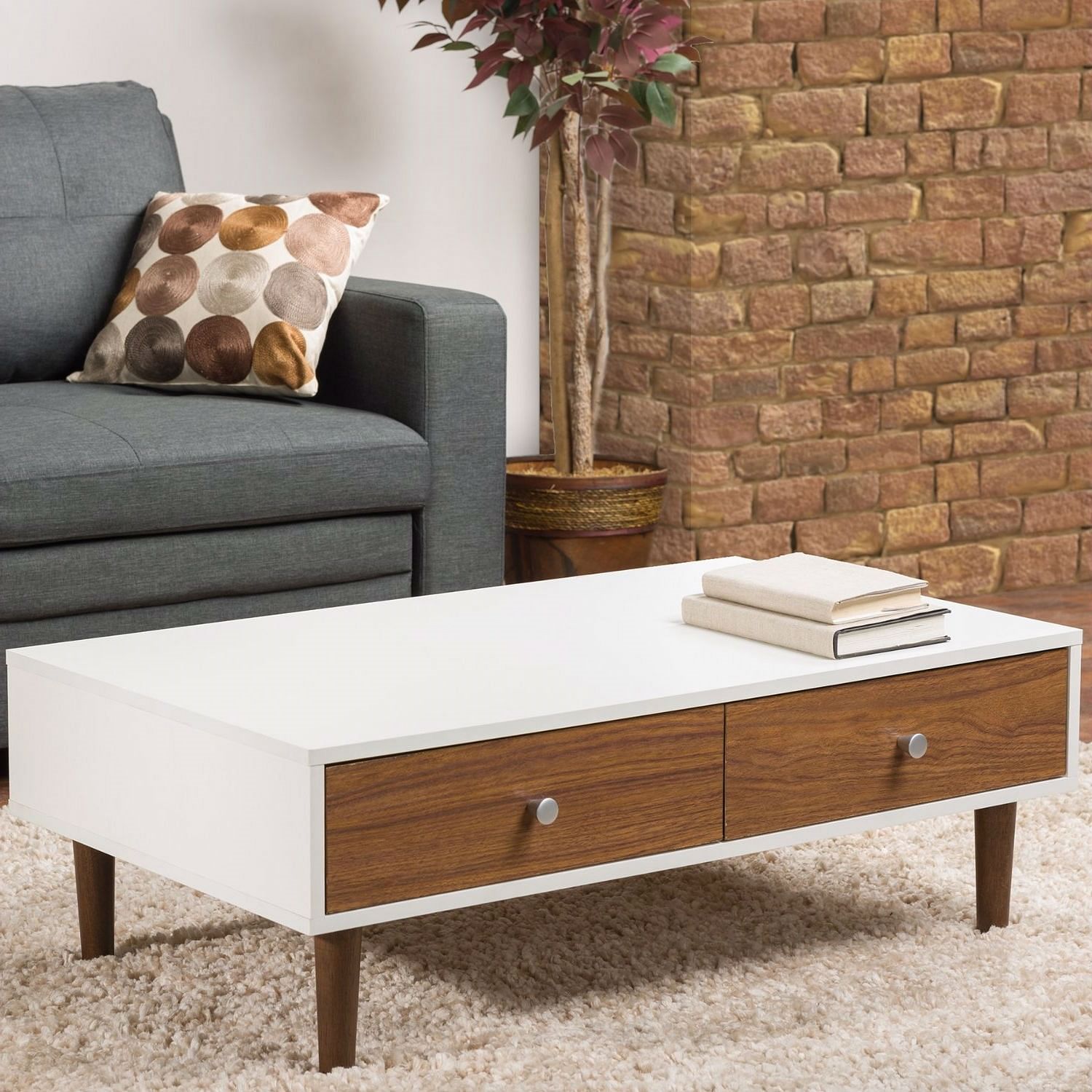 Modern Mid-Century Style White Wood Coffee Table with 2 Drawers - Free Shipping