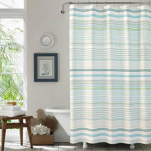 72-inch Sea Breeze Blue Green White Cabana Stripe Cotton Shower Curtain - Free Shipping