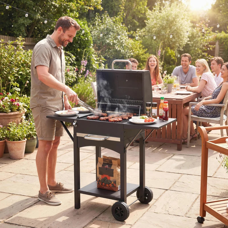 Charcoal Grill with 2 Side Tables, Barbecue Grill with Thermometer and Warming Rack, Wheels, 43.3"x18.3"x39.8", Black