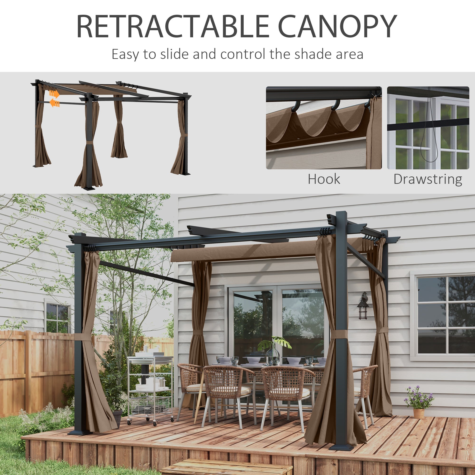 Outsunny 10'x10' Metal Pergola with Retractable Sliding Roof Canopy Coffee Outdoor Shade Structure