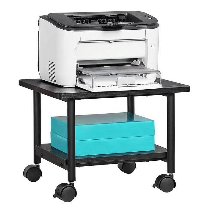 Industrial Black Metal Wood Low-Profile Printer Stand with Bottom Paper Shelf - Free Shipping