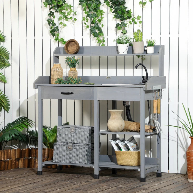 Potting Bench Table Garden Work Bench Workstation with Drawer, Removable Sink and Hooks, 45.3" x 17.7" x 48.4", Grey