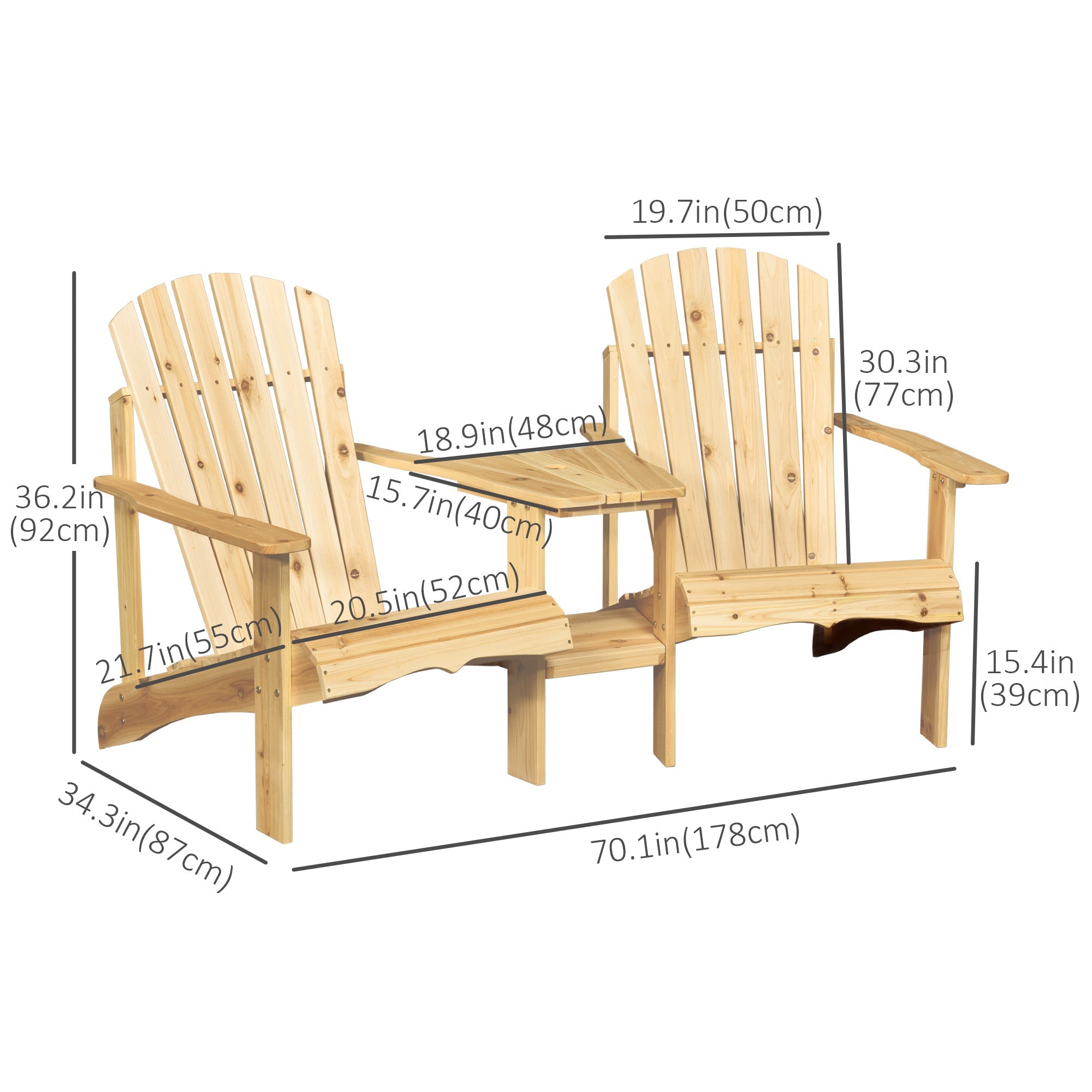 Outsunny Adirondack Chair Pair with Middle Table Tete-A-Tete Bench Outdoor Patio Wooden Reclined Natural